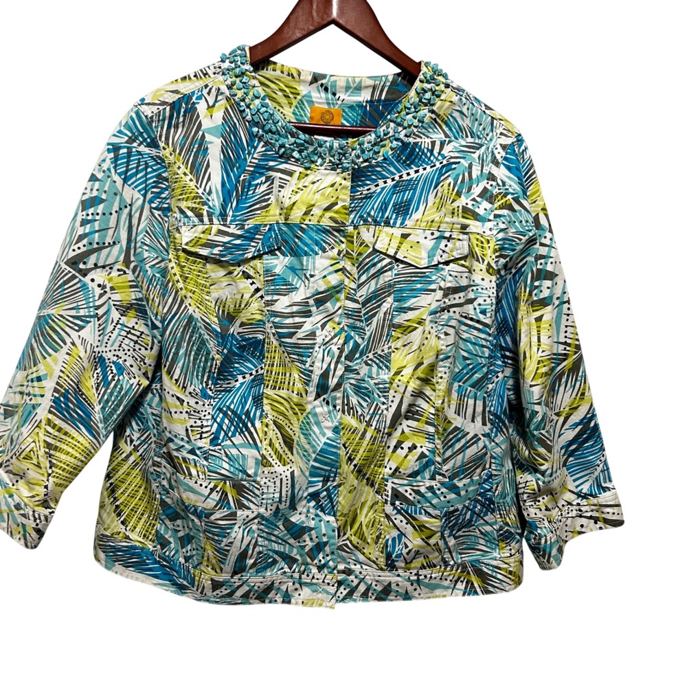 Ruby Rd. Women Tropical Coastal Palm Jacket 16W Multicolor Beaded Resortwear